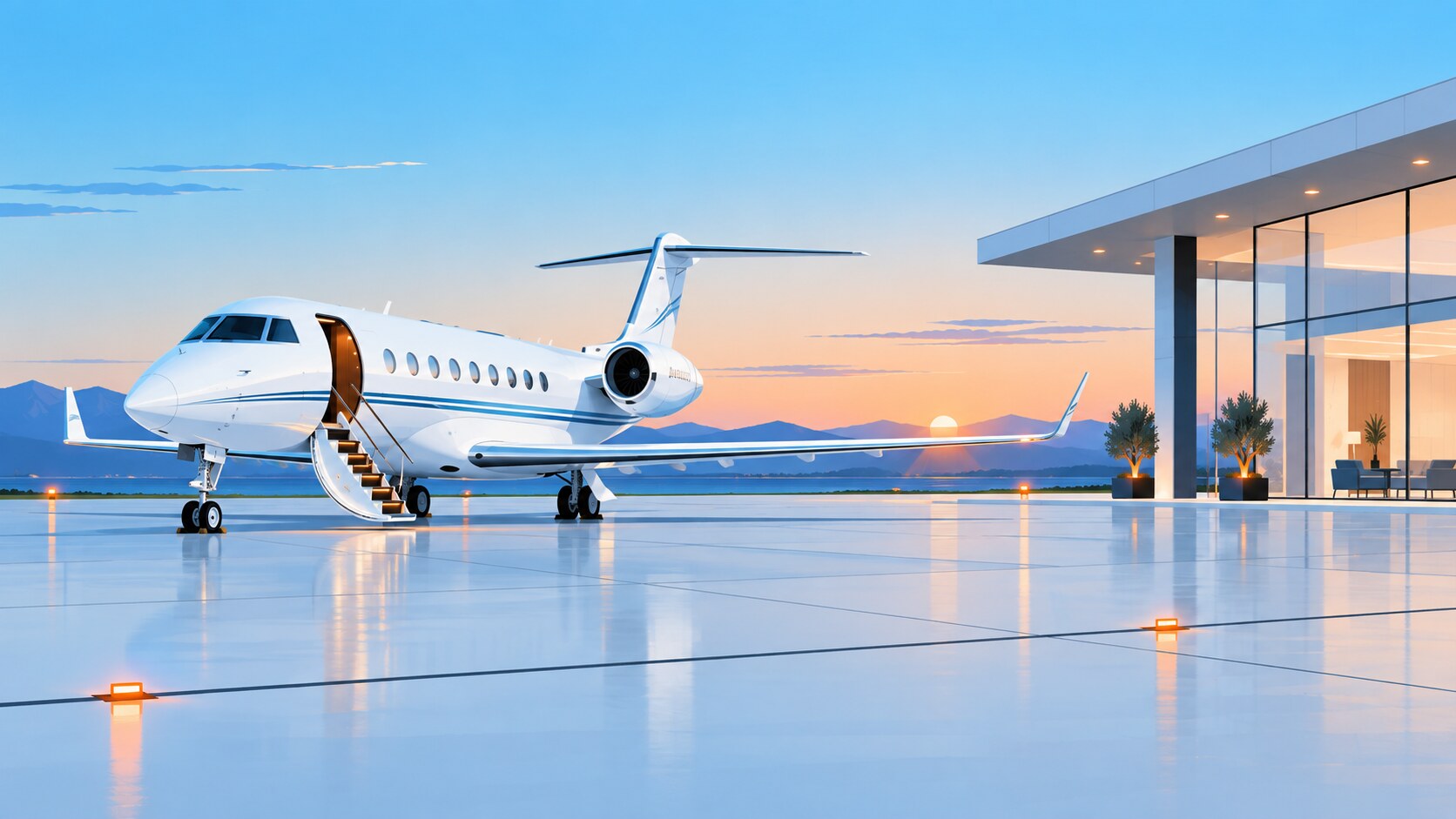 Private jet beside an FBO terminal at dusk